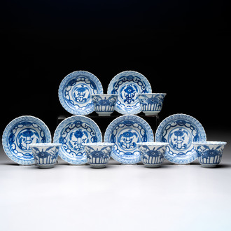 A set of six Chinese blue and white cups and saucers with floral design, Kangxi mark, 19th C.