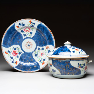 A Chinese famille rose blue-ground tureen, cover and stand, Qianlong