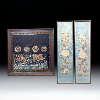 A fine Chinese kesi square 'dragon' panel and two silk embroideries with floral design, 19th C.