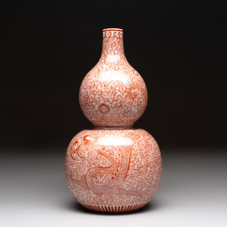 A Chinese iron-red-decorated 'dragon and phoenix' double-gourd vase, Qianlong mark, Republic