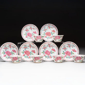 A set of six Chinese famille rose 'peonies' cups and saucers, Yongzheng/Qianlong