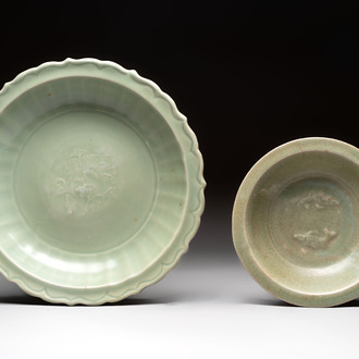 A Chinese Longquan celadon dish with floral anhua design and a 'twin fish' plate, Ming