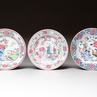 Three Chinese famille rose plates with figures and birds, Yongzheng/Qianlong