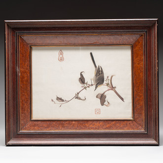 A framed Chinese 'bird on branch' silk embroidery, 20th C.