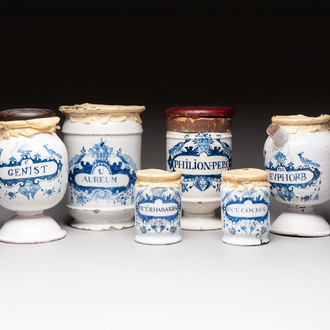 A collection of five blue and white Tournai faience pharmacy jars and a wet drug jar, 17/18th C.