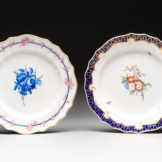 Two polychrome The Hague-decorated Tournai porcelain plates, stork marks, 18th C.