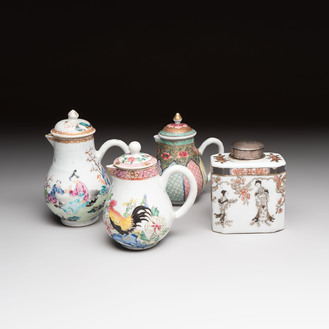 Three fine Chinese famille rose covered milk jugs and a grisaille and iron-red-decorated tea caddy with silver cover, Yongzheng/Qianlong