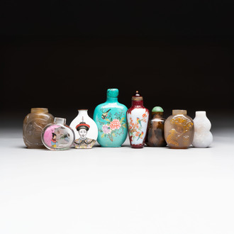 A varied collection of eight Chinese snuff bottles, Qianlong mark, 20th C.