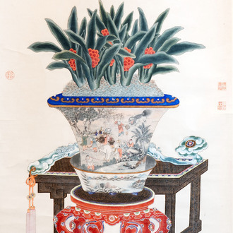 In the manner of Chen Shaofeng 陳兆鳳 (Late Qing Dynasty): 'Qinggong 清供', ink and colour on paper, Cixi mark, 20th C.