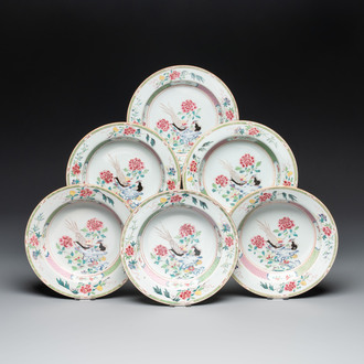 A set of six Chinese famille rose 'pheasants' plates, Yongzheng