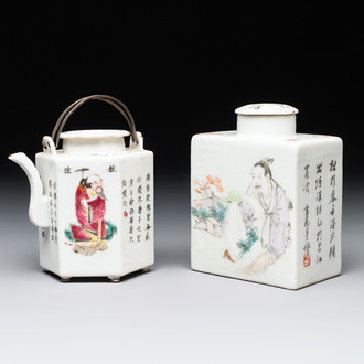 A Chinese 'Wu Shuang Pu' covered teapot and a qianjiang cai covered tea caddy, signed Lei Guangheng 雷光亨, 19th C.