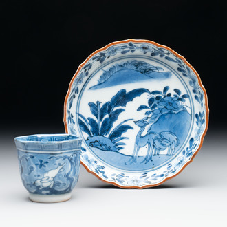 A Japanese blue and white 'rabbit' cup and a 'deer' plate, Edo, 17th C.