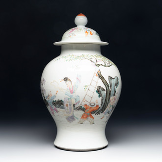 A Chinese famille rose 'lady and boys' vase and cover, Qianlong mark, Republic