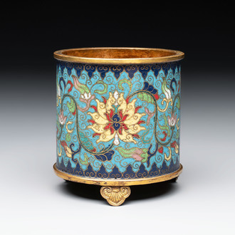 A Chinese cloisonné cylindrical tripod censer with lotus scrolls, Qianlong mark and of the period