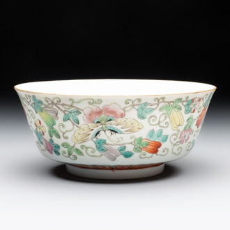 A Chinese famille rose 'butterflies and melons' bowl, Chenghua mark, 19th C.