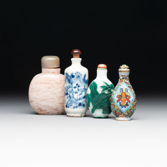A diverse group of four Chinese snuff bottles, one with Qianlong mark, 19th C.