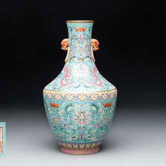 An imperial Chinese turquoise-ground famille rose 'chilong and flower scrolls' vase, Jiaqing mark and of the period