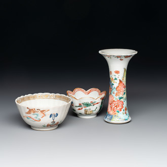 A Chinese famille rose 'tobacco leaf' vase, a pseudo-armorial cup and a famille verte cup, Kangxi/Qianlong
