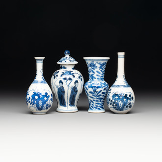 Four Chinese blue and white miniature vases, one with cover, Kangxi