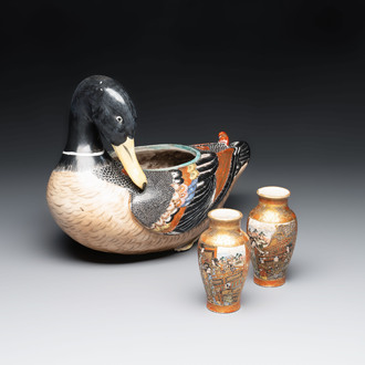 A Japanese Kutani duck-form vessel and a pair of small Satsuma vases, 19th C.