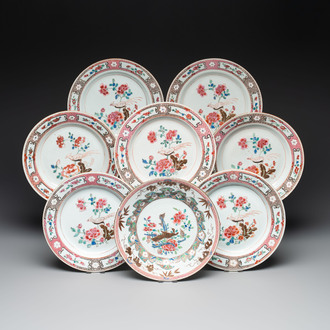 Eight Chinese famille rose plates with birds, Yongzheng/Qianlong