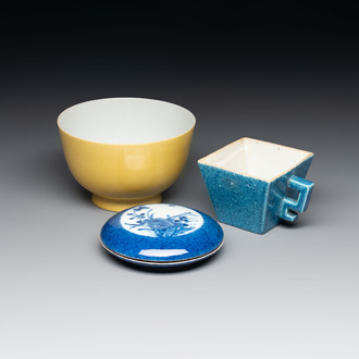 A Chinese yellow-glazed bowl, a robin's egg-glazed square cup and a powder-blue-ground seal paste box, 19/20th C.
