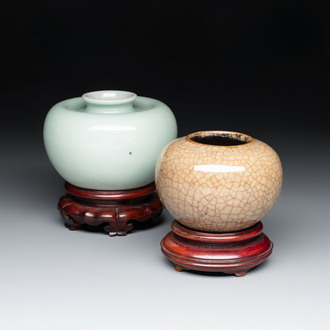 A Chinese celadon-glazed water pot and a ge-type water pot on wooden stands, Qianlong mark, 19th C.