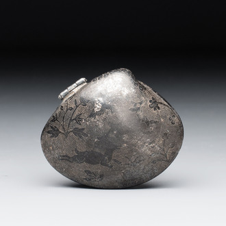 A small Chinese silver clam-shaped box with animals design, Tang/Song