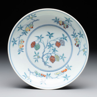 A Chinese doucai 'sanduo' plate,  ingot, brush and ruyi mark, Kangxi/Yongzheng