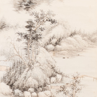 In the manner of Qi Gong 啟功 (1912-2005): 'Mountainous landscape', ink and colour on paper