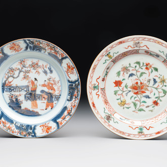 A Chinese Imari-style 'lady and boys' plate and a famille verte 'lotus' plate, Kangxi/Yongzheng