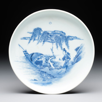 A Chinese blue and white plate with a couple along the water, Ya Zhi 雅製 mark, Kangxi/Yongzheng