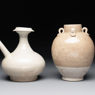 A Chinese crackle-glazed vase and a cream-glazed kendi, Tang/Song