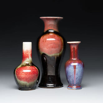 Three Chinese flambé-glazed vases, 19th C.