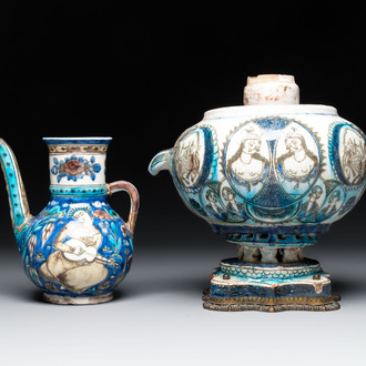 A polychrome Qajar ewer and a gilt bronze-mounted vessel, Iran, 19th C.