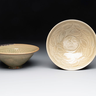 Two Chinese Yaozhou celadon bowls with anhua floral design, Song/Yuan