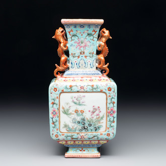 A Chinese famille rose turquoise-ground rectangular vase with floral design, Qianlong mark, Republic
