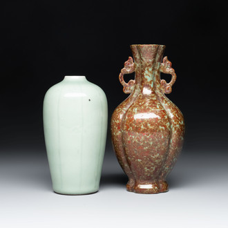 A Chinese celadon-glazed vase and a faux bronze-glazed vase, Qianlong mark, 18/19th C.