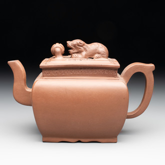 A Chinese Yixing stoneware 'lion and brocade ball' teapot and cover, Qianlong
