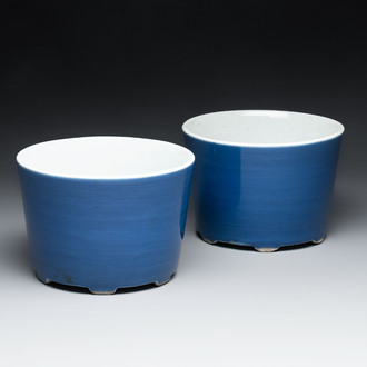 A pair of Chinese sacrificial blue-glazed jardinières, Yongzheng mark, 19th C.
