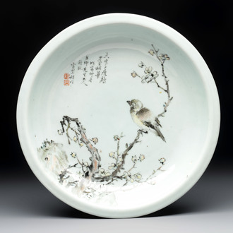 A Chinese qianjiang cai dish with a bird on a branch, signed Cheng Men 程門, dated 1878