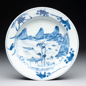 A Chinese blue and white 'Master of the Rocks' plate, Kangxi