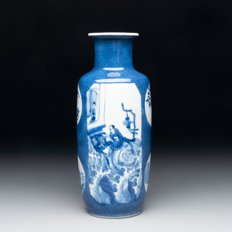 A Chinese blue and white powder-blue-ground vase with narrative design, Kangxi