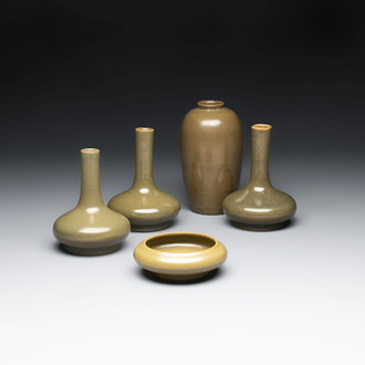 Four Chinese teadust-glazed vases and a brush washer, 19th C.