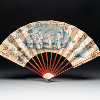 A chinoiserie folding fan, watercolour on paper and bone, France, early 19th C.