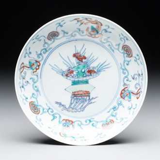 A Chinese doucai 'flower basket' plate, Chenghua mark, 18/19th C.