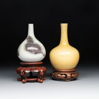 A Chinese copper-red 'mythical beasts' vase and a yellow-glazed bottle vase, with two wooden stands, Kangxi and later