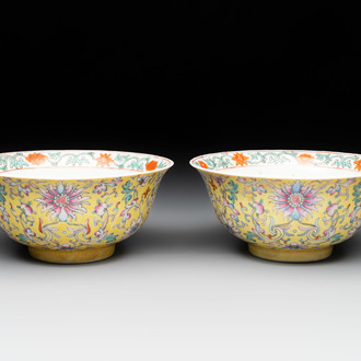 A pair of Chinese famille rose 'flower scroll' bowls, Jiaqing mark and of the period