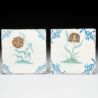 Two polychrome Dutch Delft 'flower' tiles, 17th C.