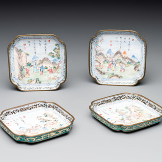 A set of four Chinese Canton enamel square saucers with figural design, Shang Xin 賞心 mark, Yongzheng/Qianlong